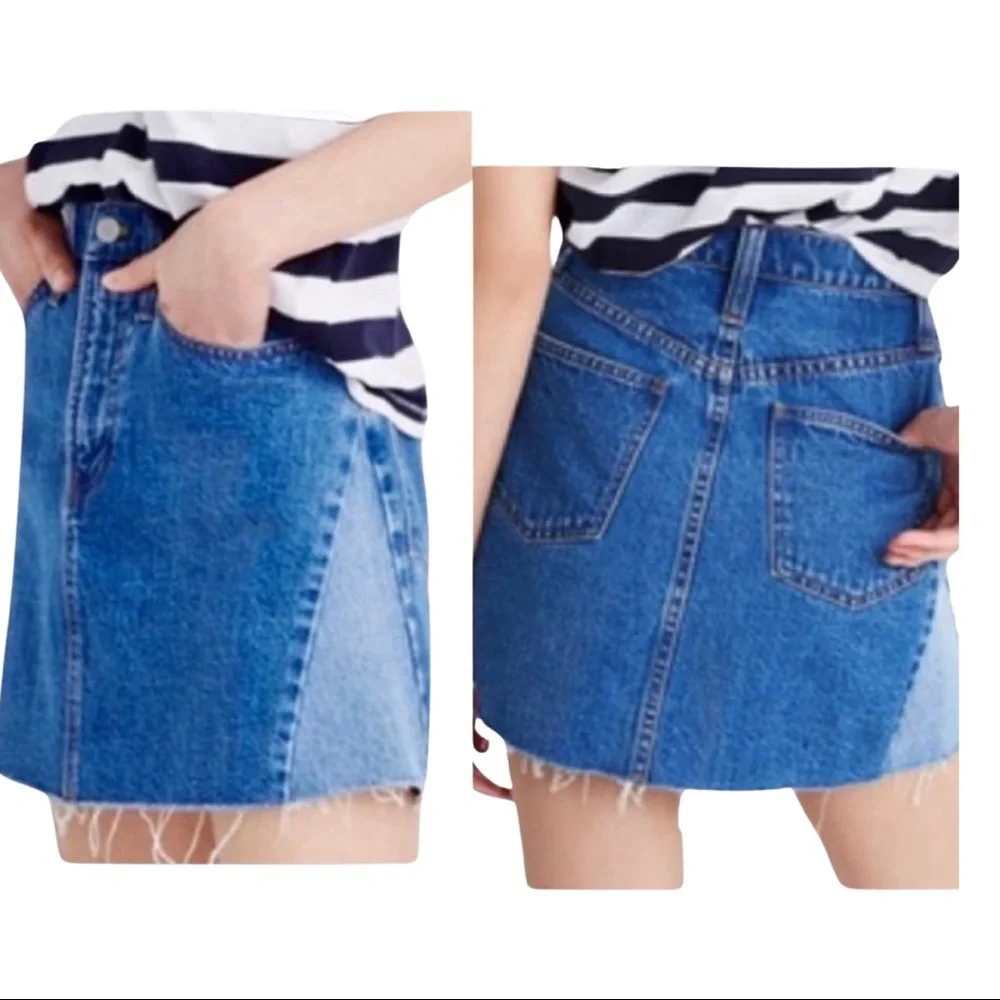 MADEWELL Denim Panel Frayed Hem 5 Pocket Skirt 100% Cotton - Picture 1 of 15